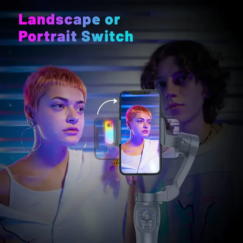 Фото 3-осевой стабилизатор подвеса iPhone для смартфона с RGB-подсветкой, доступный Android для отслеживания лиц с искусственным интеллектом Tiktok Vlog Portable №5