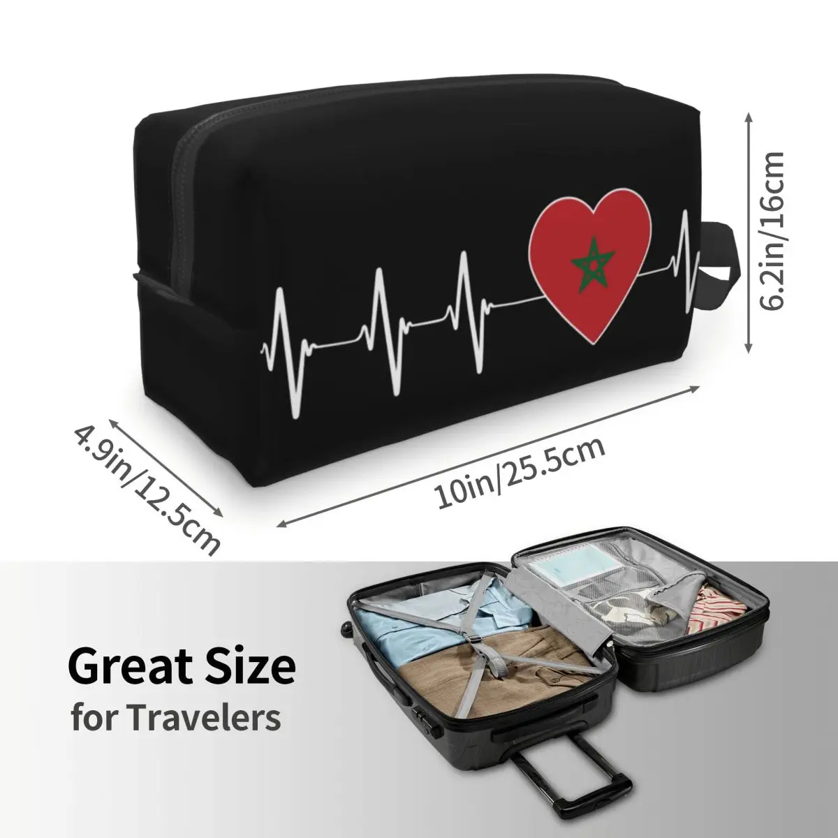 Фото Custom Heartbeat Morocco Country Flag Makeup Bag for Travel Cosmetic Organizer Cute Moroccan Heart Family Storage Toiletry Bags №4