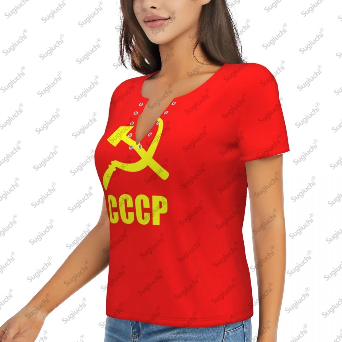 Фото 2025 CCCP СССР Флаг Сексуальные женские футболки с глубоким v-образным вырезом и 3D короткими рукавами Модные футболки Женская одежда Топы Повседневная блузка для девочек Футболки №2