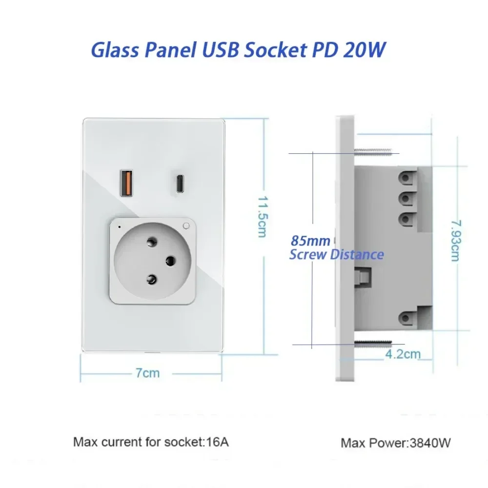 Фото Melery Israel Wi-Fi Tuya Настенная розетка USB Type-C PD 30 Вт Зарядка Smart Plug Розетка Стеклянная панель Пульт дистанционного управления от Alexa Google Home №3