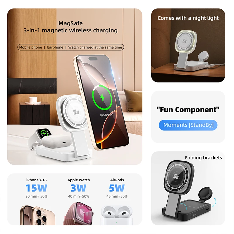 Фото Магнитное беспроводное зарядное устройство 15 Вт для iPhone 16 15 14 13 12 ProMax Mini 16Plus iWatch Airpods Складная беспроводная зарядная станция 3 в 1 №5