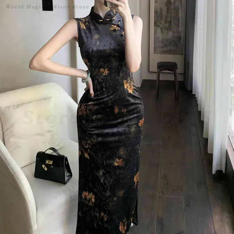 Длинное платье Cheongsam с цветочным принтом в стиле ретро, традиционное китайское платье, женское сексуальное улучшенное тонкое бархатное платье Ципао, костюм для сценического шоу Этническая одежда