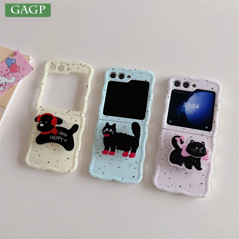 Милый мультяшный Чехол-книжка с котом и собакой для Samsung Galaxy Z Flip 5 Flip 4 flip 3 Speckle Ink Wave Korea, ударопрочный Ультратонкий чехол