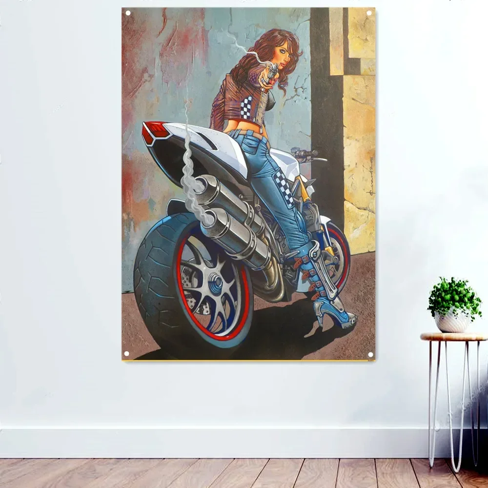 Gunwoman Motorcycle Rider Настенные художественные постеры и принты Баннер Флаг Человек Пещера Гараж Локомотив Ремонт Магазин Настенный декор Живопись