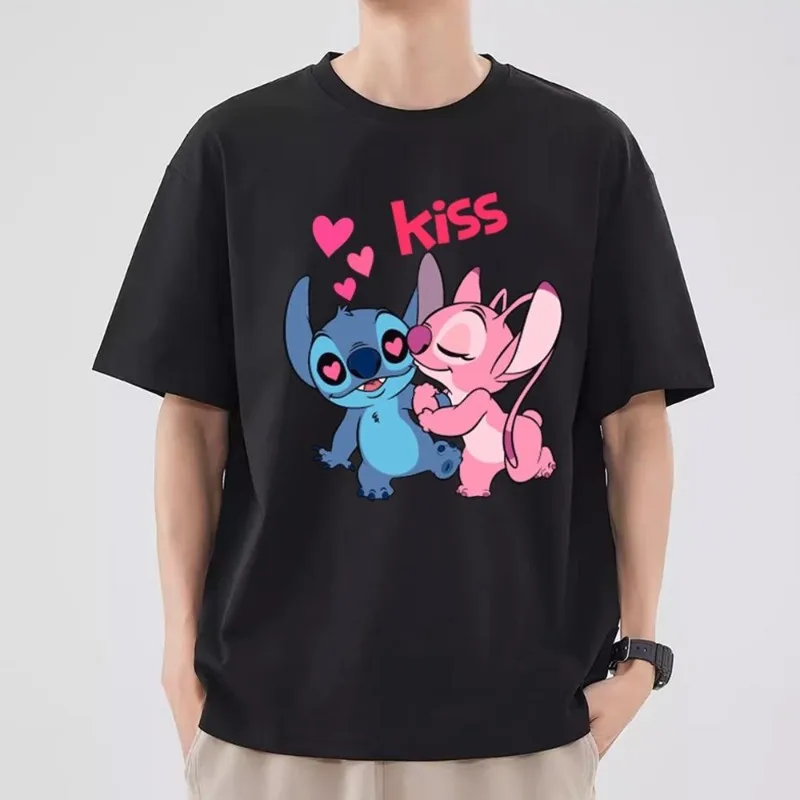 Футболка MINISO Lilo & Stitch Женская парная комбинированная одежда модная Мужская хлопковая футболка с коротким рукавом и воротником
