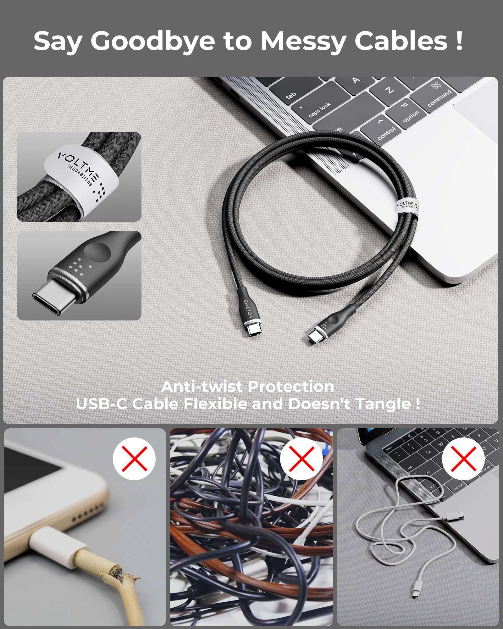 Фото USB C к USB C кабелю VOLTME 100 Вт, PD 5A, кабель для быстрой зарядки типа C к Type C, нейлоновый плетеный шнур для MacBook Pro Galaxy S23 №3