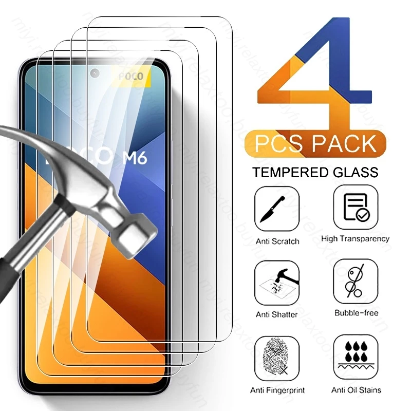 PocoM6 4G чехол 4 шт. 9H закаленное стекло полное покрытие Защита экрана для Xiaomi Poco M6 4G Poko Little M 6 Pro 6M M6Pro 6Pro 2024