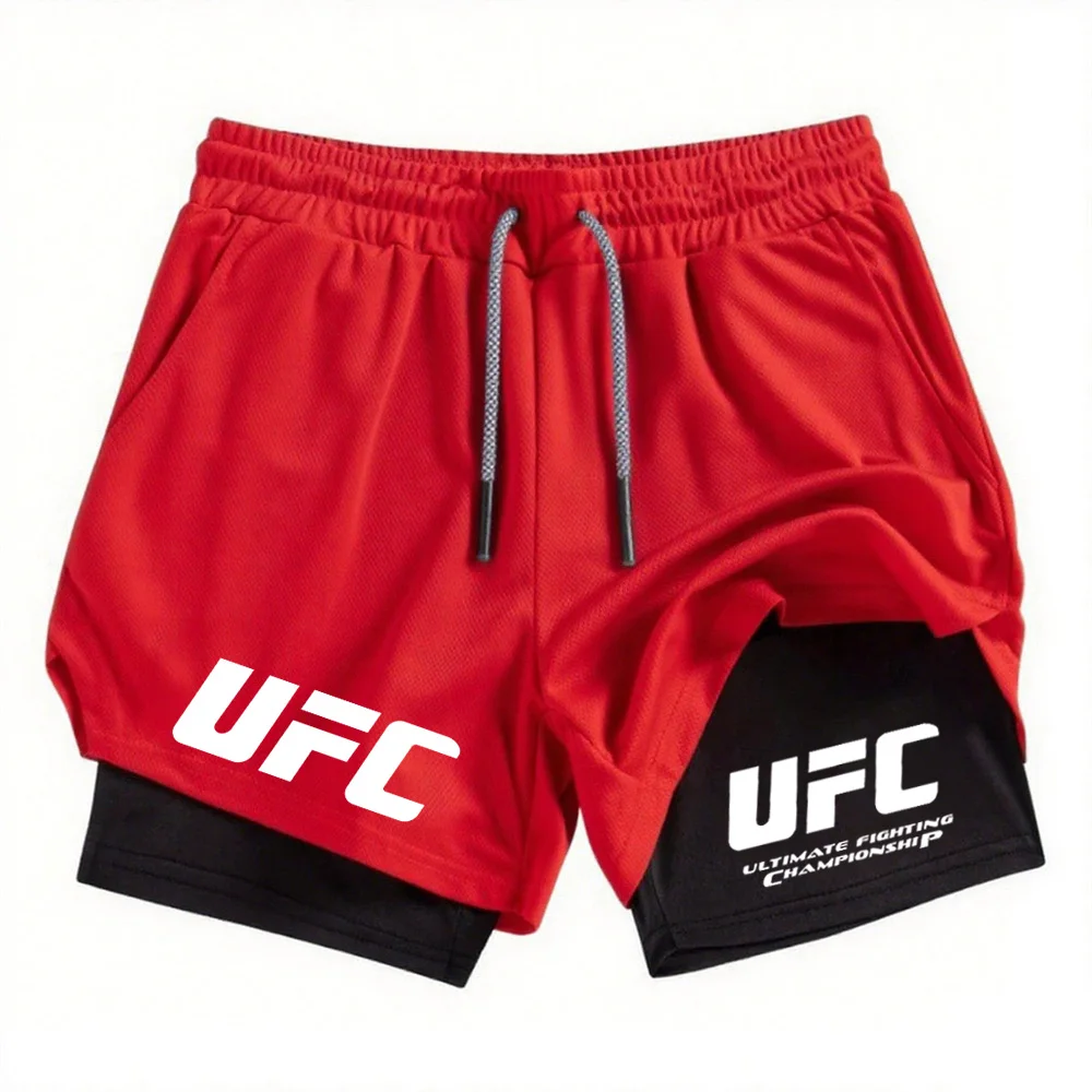 Фото Летние мужские спортивные шорты UFC, дышащие тренировочные брюки для тенниса, принт смешанных боевых искусств, быстросохнущие двойные для бега на открытом воздухе- №3