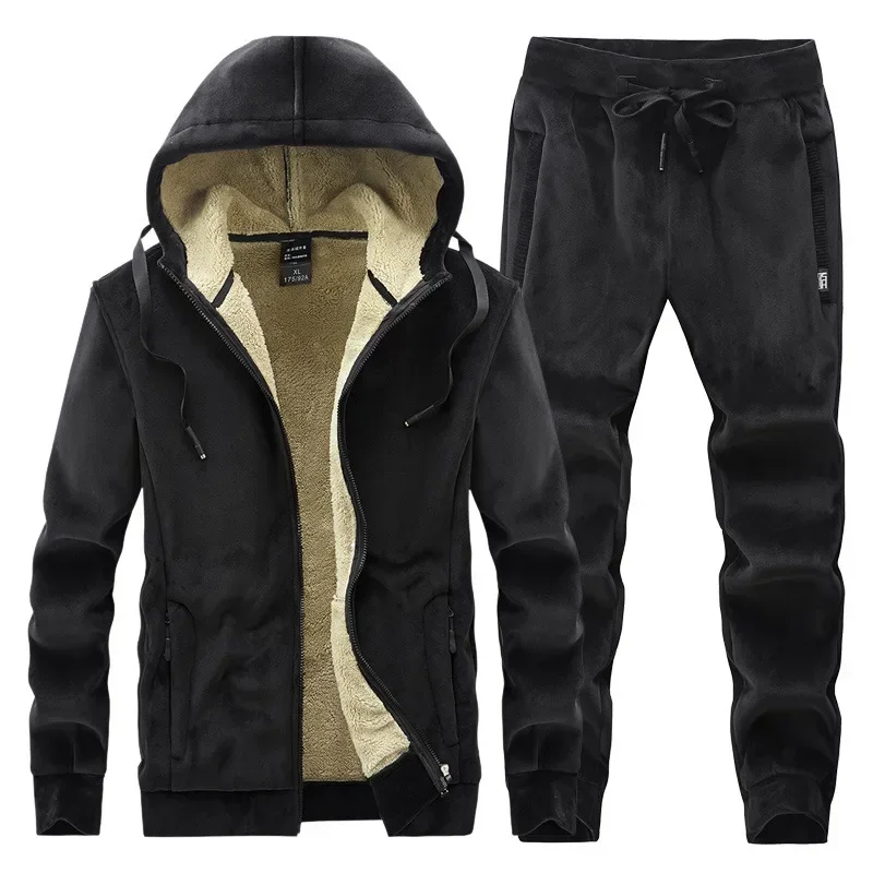 Фото Толстовки для спортзала Lamb Jogger, зимняя велюровая куртка + брюки, спортивный костюм, мужской комплект большого размера, мужские теплые ветрозащитные спортивные костюмы, мужские №2