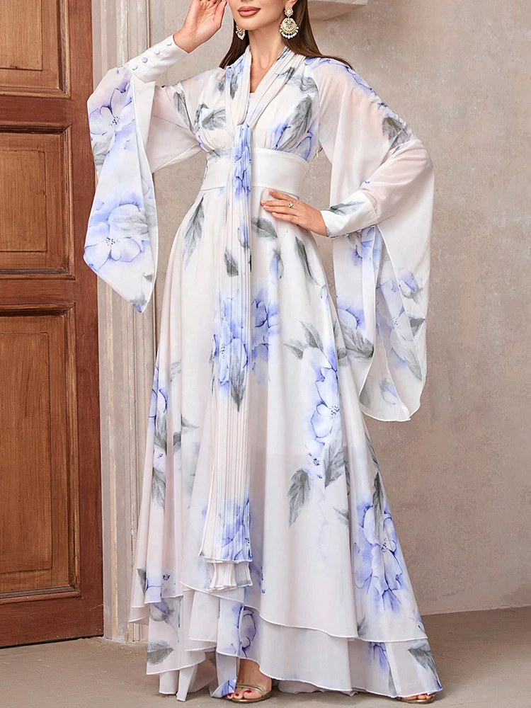 Mia Muse Ramadan Essentials Женские платья Элегантные модные многослойные платья миди с цветочными завязками на талии и рукавами-плащами с v-образным вырезом