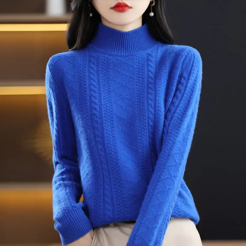 Фото Women's Clothing Autumn Winter Half High Collar Solid Color Pullover Long Sleeve Screw Thread Sweater Knitted Aesthetic Tops №3