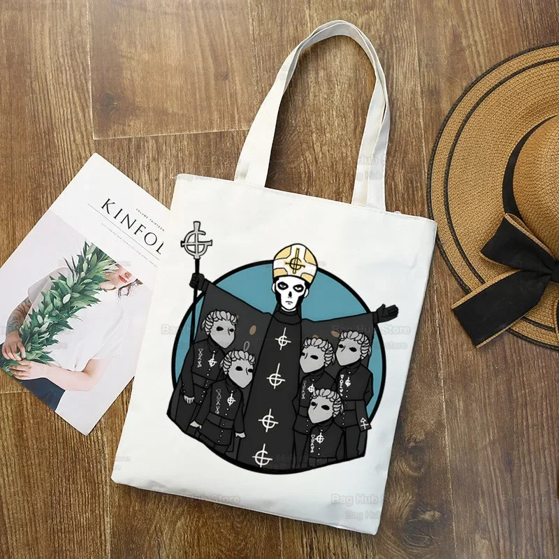 Фото markii Ghost Band Canvas Bags Shoulder Large Capacity College Harajuku Ghost B.C Handbag Unisex Bag Shopping Bag №4