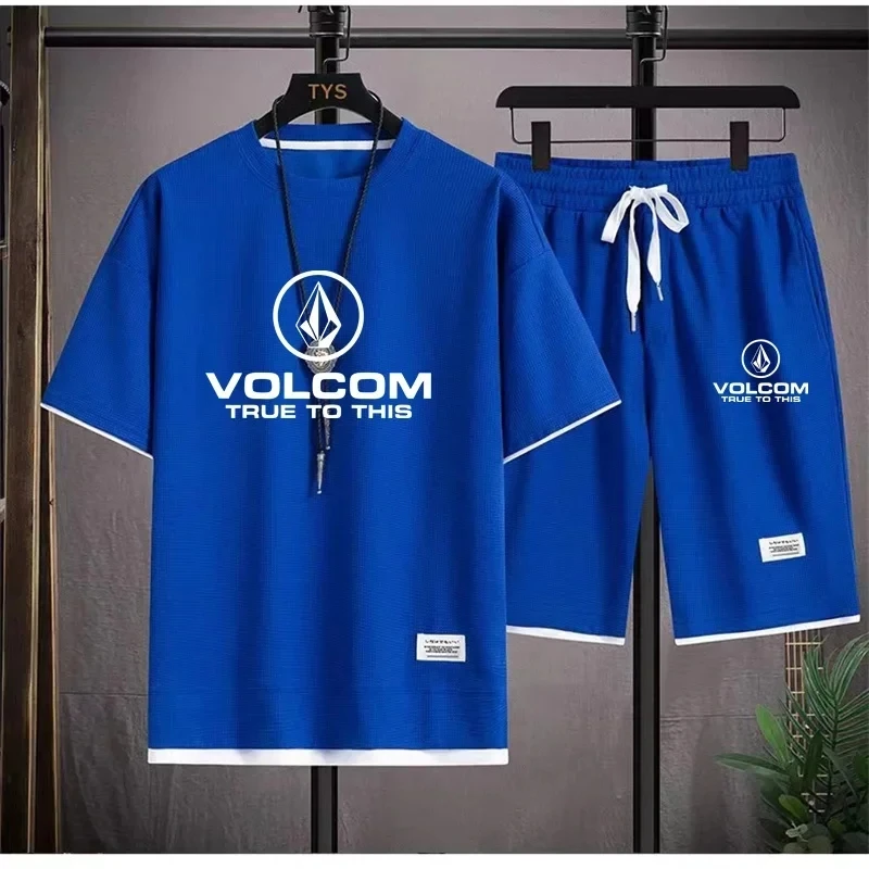 Фото Летний мужской спортивный костюм VOLCOM, футболка + шорты, спортивный костюм с принтом, повседневная модная футболка с короткими рукавами, мужской спортивный костюм №2
