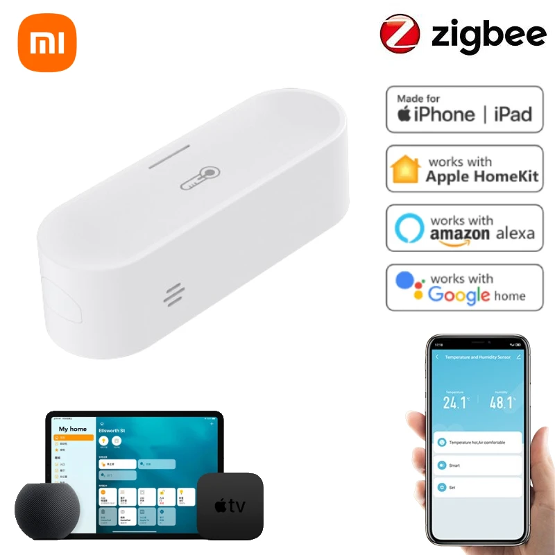 Датчик температуры и влажности Xiaomi HomeKit Tuya ZigBee, сенсор с гигрометром для умного дома, работает с Alexa Google