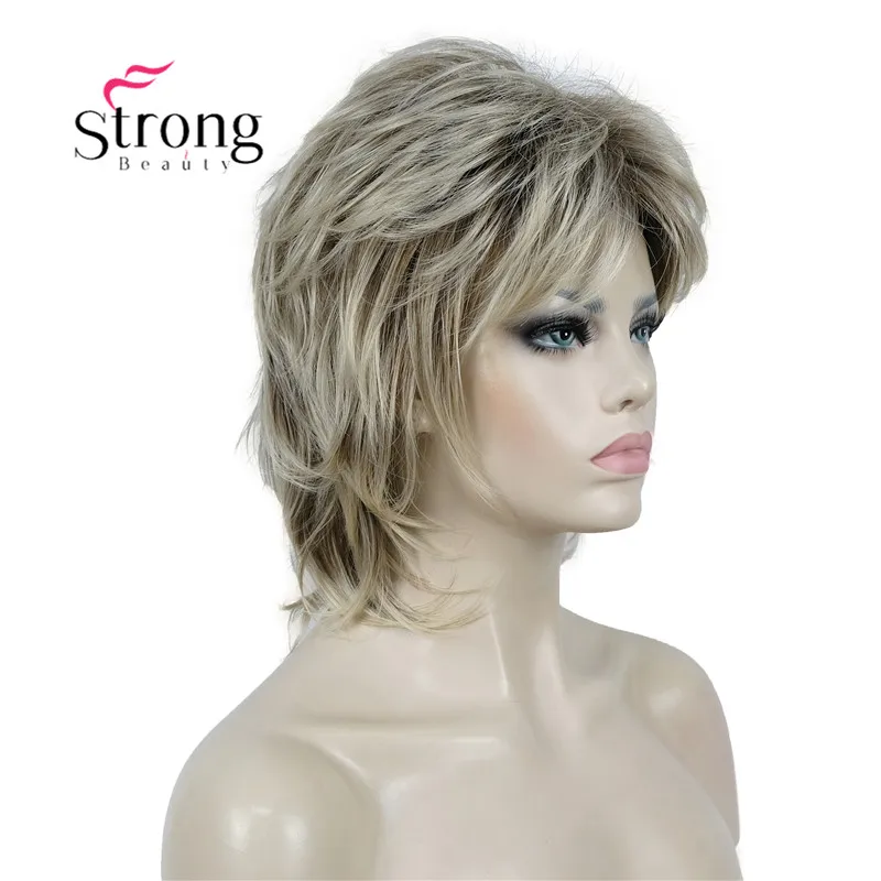 Фото StrongBeauty Lady Ombre Блондинка с темным корнем Короткие каскадные слои Полный парик Парики из синтетических волос для женщин №5