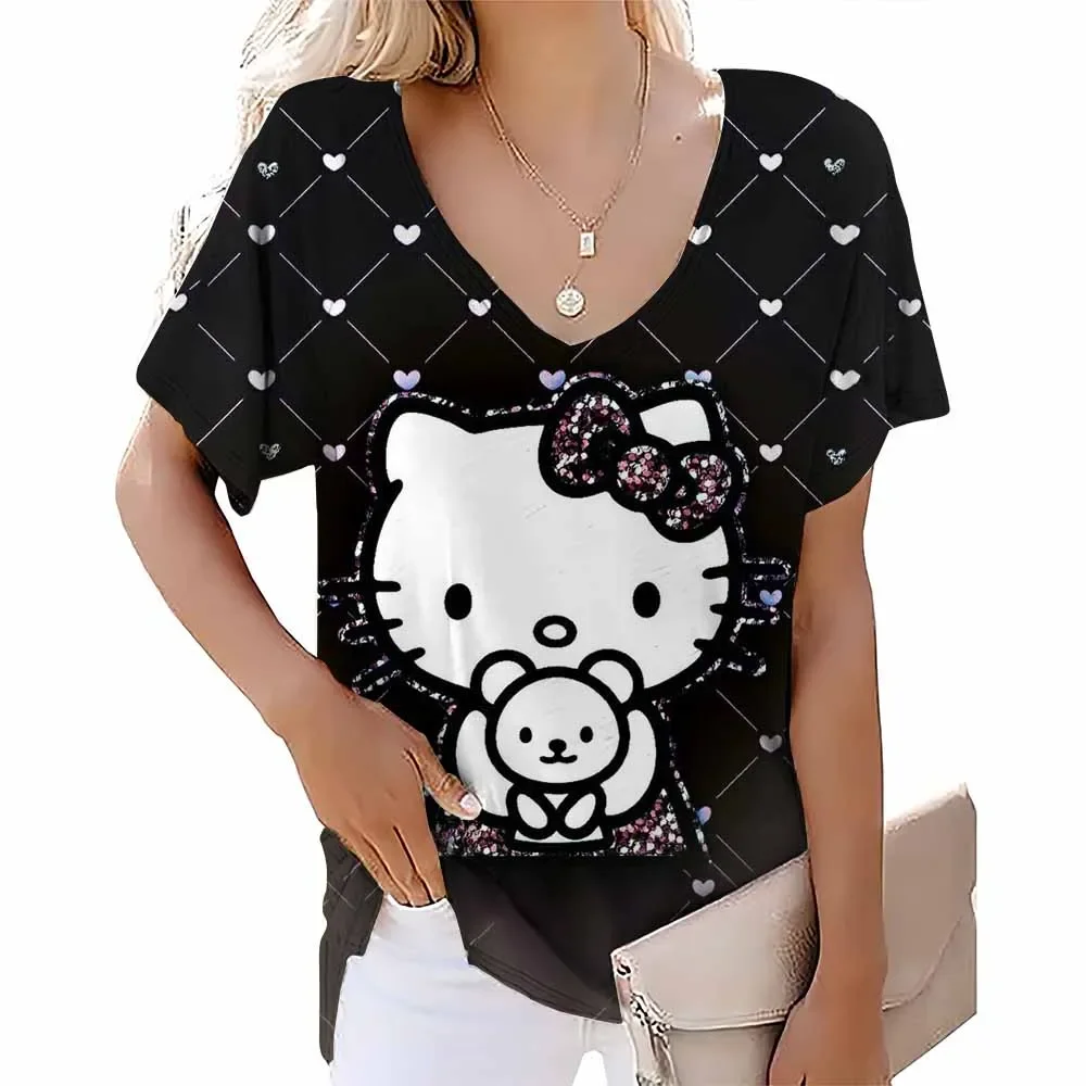 Женская футболка Hello Kitty с аниме-принтом, женский топ высокого качества, повседневная повседневная одежда, забавная спортивная рубашка большого размера с коротким рукавом