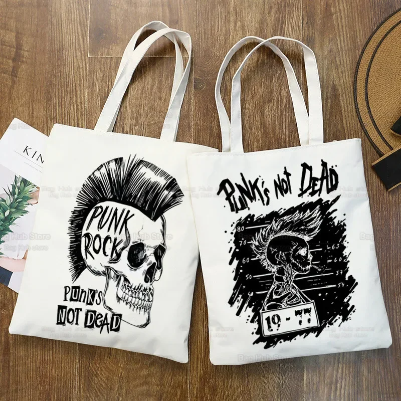 Фото Punks Not Dead Rock Сумка для покупок унисекс Эко многоразовая женская сумка-тоут Сумка для колледжа Ретро Большая мужская сумка-шоппер на плечо №2