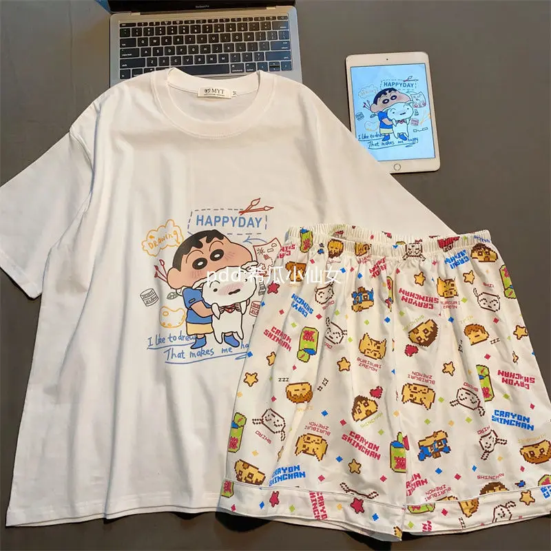 Аниме Kawaii Crayon Shin-Chan пижамы мультфильм Shin-Chan мягкий удобный летний пижамный комплект с коротким рукавом креативные подарки для девушек