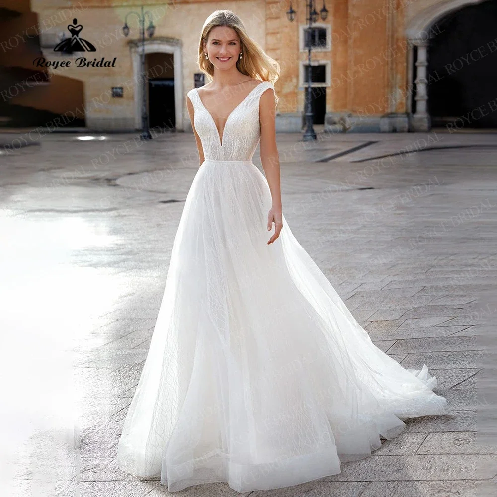 Roycebridal пляжное свадебное платье трапециевидной формы с блестящим тюлем, сексуальное платье с v-образным вырезом и короткими рукавами, Trian 2025 по индивидуальному заказу, Vestido De Noiva