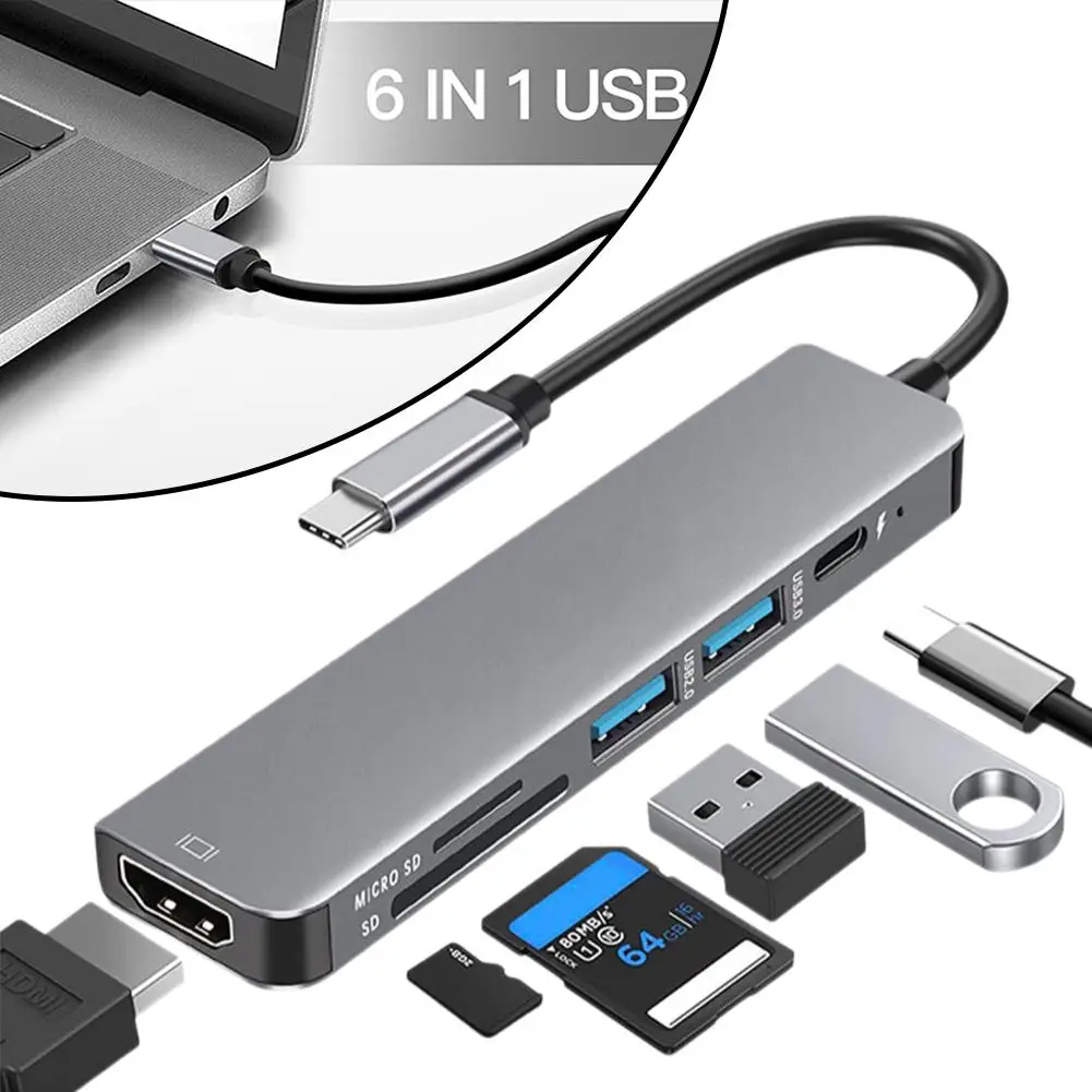 USB-концентратор 6 в 1, 4K @ 30 Гц, USB 2,0 3,0
