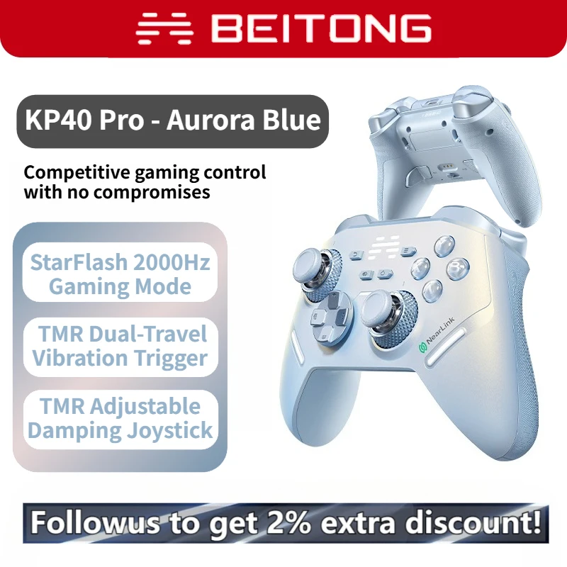 Беспроводной геймпад Beitong KP40 Pro — частота заката на 2000 Гц, регулируемые джойстики для зала, двухступенчатые вибрационные триггеры — синий Аврора