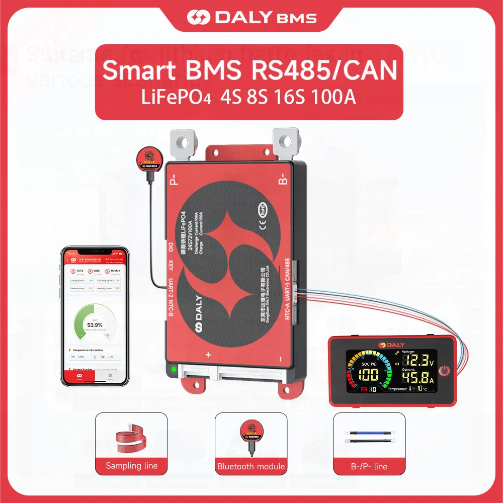 Daly Smart BMS 4S Lifepo4 12V 8S 24V 16S 48V 100A BMS BT WiFi RS485 Экран ЖК-дисплея Защитная плата Литий-ионный аккумулятор 3,7 В BMS Электроника