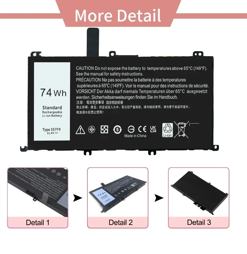 Фото 357F9 11,1 В 74 Втч Сменный аккумулятор для ноутбука Dell Inspiron 15 7000 7557 7559 7566 7567 5576 5577 INS15PD серии №3