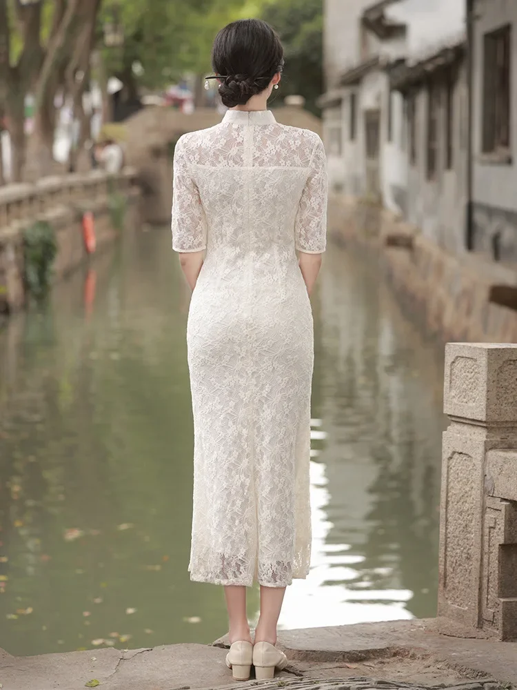 Cheongsam Dress Women's Slim Plus Size 2024 Spring Lace Hollow Splicing Stand Collar Chinese Style Qipao Fishtail Dresses Woman (art.: 3920cf16f628a) - 3920cf16f628a
