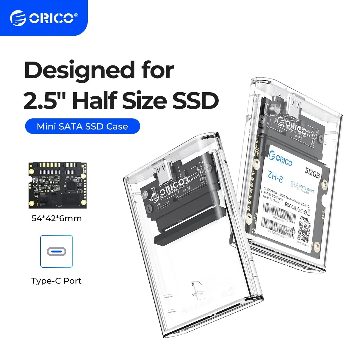ORICO 2,5-дюймовый полуразмерный корпус SATA SSD 5 Гбит/с Type-C Корпус для жесткого диска с поддержкой автоматического сна для половины тонкого 2,5-дюймового SSD Мини-размера