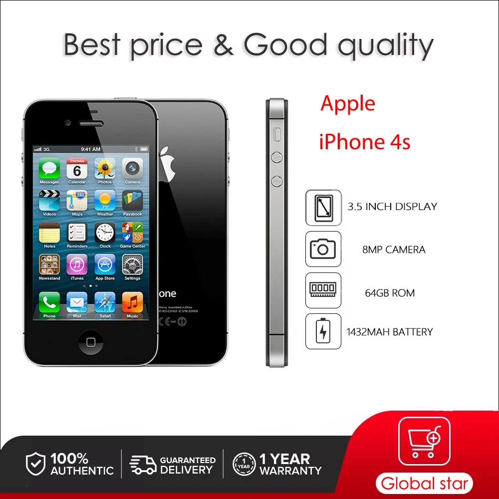 Оригинальный разблокированный б/у Смартфон Apple iPhone 4S 8/16/32/64 Гб ROM 3,5 дюймов 8 Мп 1432 мАч сотовый телефон