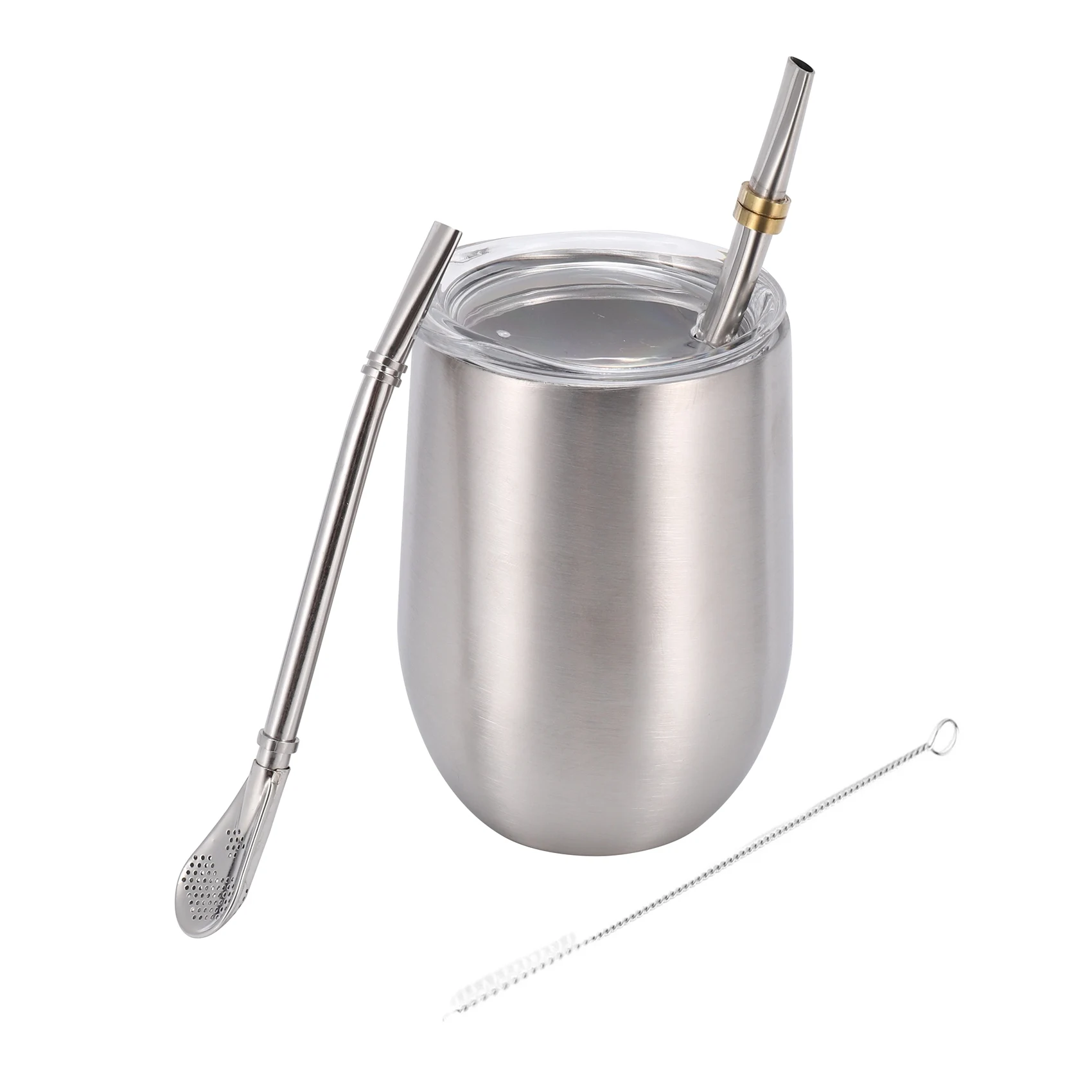 Набор чашек для чая Yerba Mate Gourd, 12 унций, чашка для кофе и воды из нержавеющей стали с двойными стенками и крышкой, 2 соломинки Bombillas, ложка и кисть, серебро