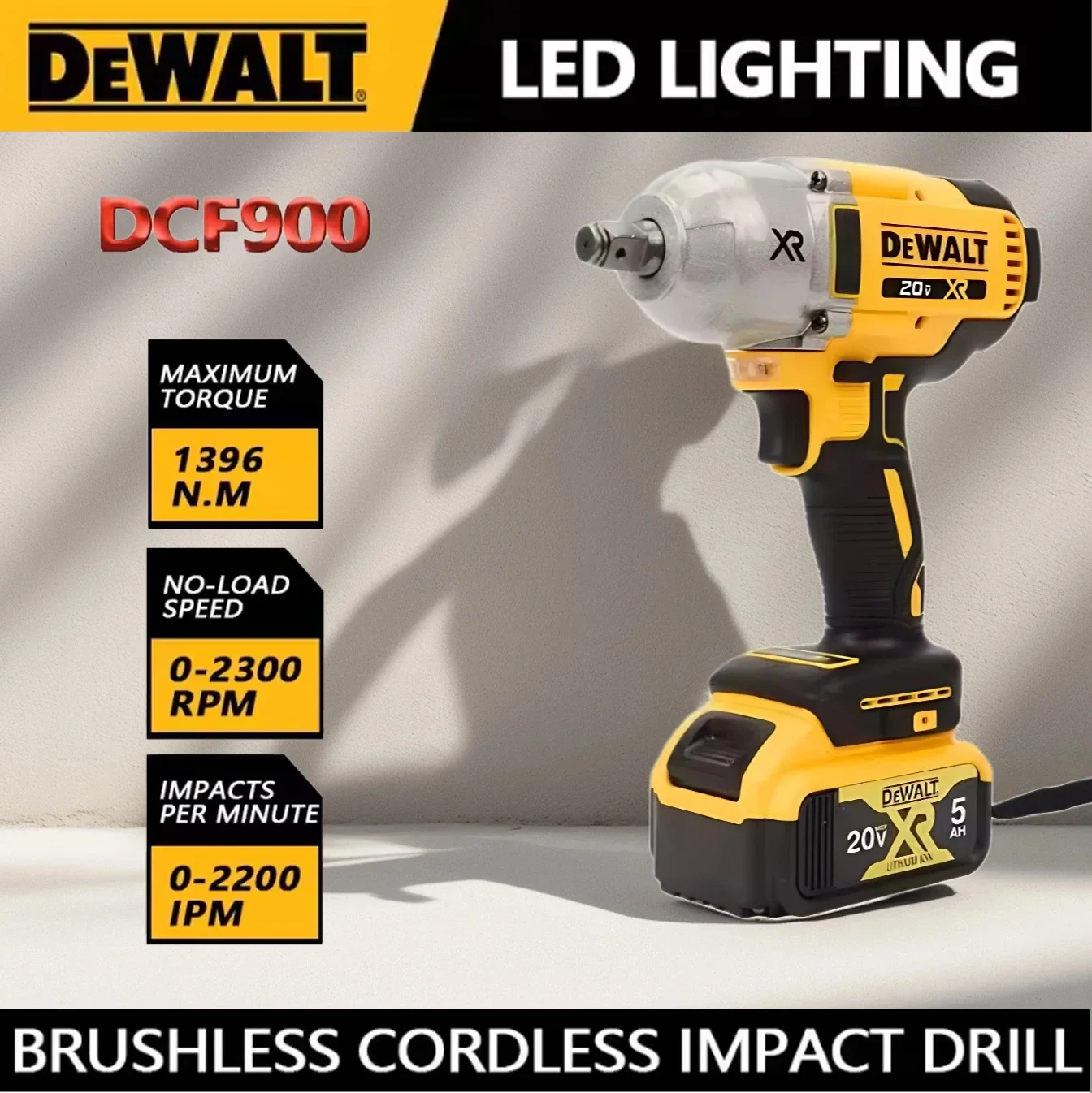 Фото Комплект DEWALT DCF900 1/2 дюйма, бесщеточный, аккумуляторный, ударный гайковерт с высоким крутящим моментом и наковальницей из свиного кольца, 20 В, электроинструменты, зарядное устройство №2