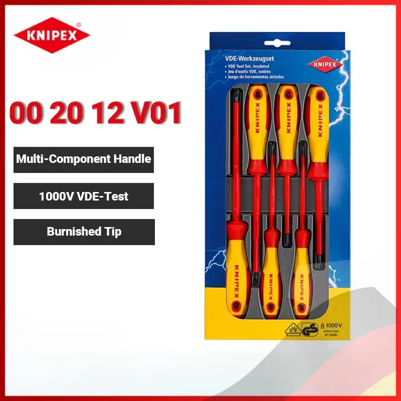 Фото KNIPEX 00 20 12 V01 Набор изолированных отверток из 6 предметов — 1000 В, протестированный VDE, шлицевой + PH1/PH2 с крестообразным утоплением №2