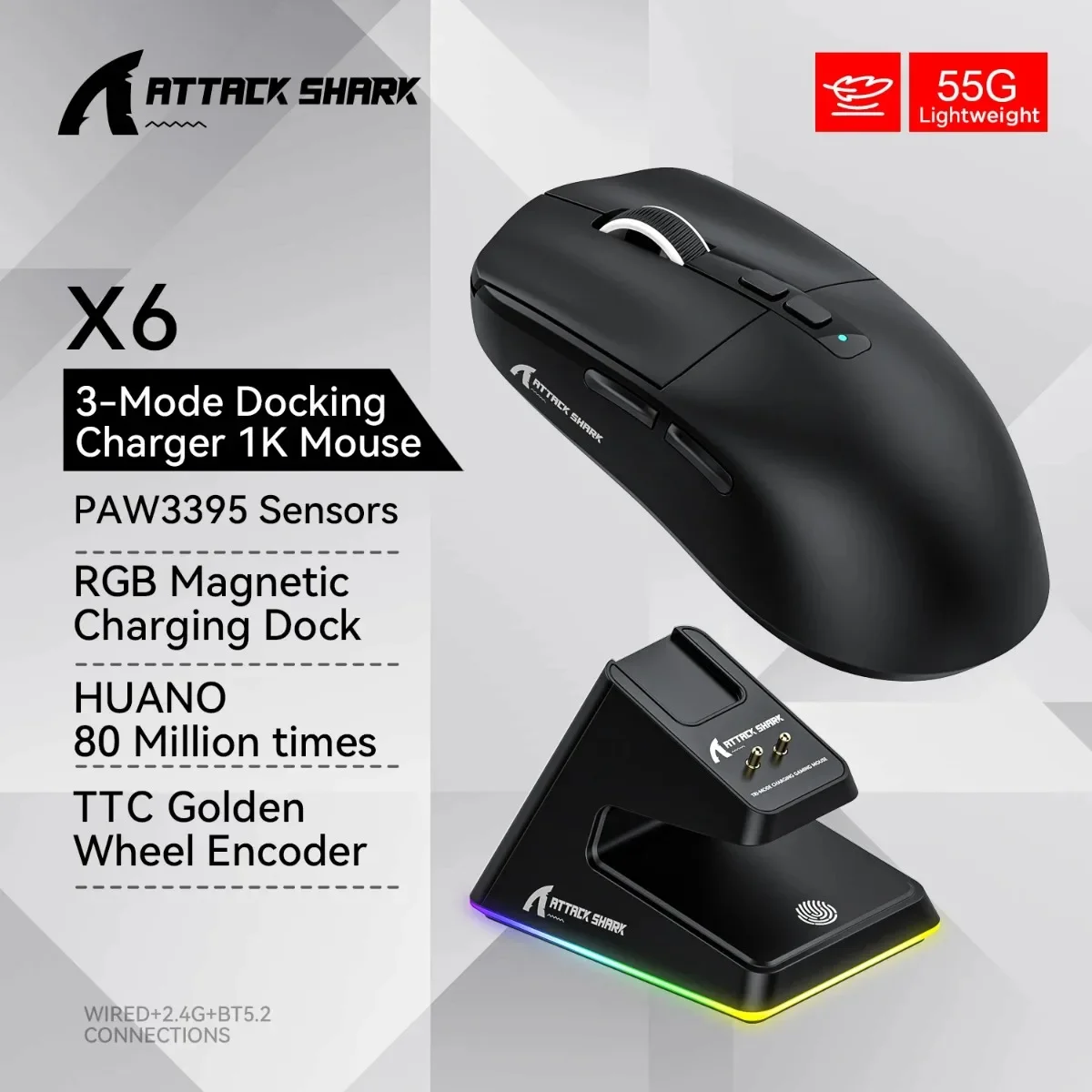 Мышь Attack Shark X6, геймерская беспроводная мышь с RGB-док-станцией для зарядки PAW3395, сверхлегкая макроспроводная/проводная/Bluetooth-мышь 2,4G