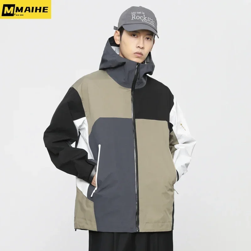 Куртка Techwear мужская с капюшоном, Лоскутная ветровка на молнии, повседневная верхняя одежда, тонкая, осень