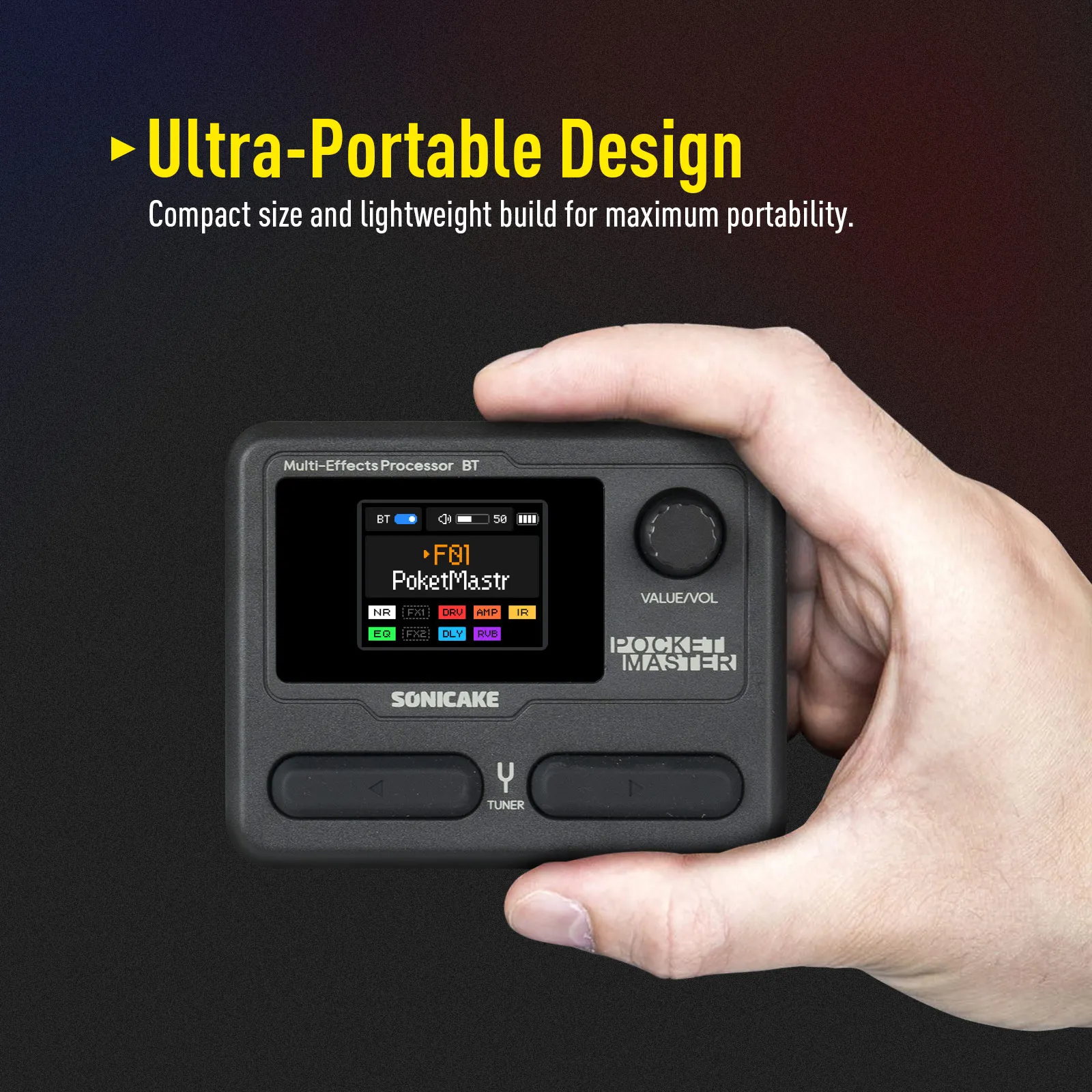 Фото SONICAKE Pocket Master Мини-гитарный бас-усилитель 100+ Педаль мультиефектов Управление через приложение 1,77-дюймовый цветной ЖК-экран Встроенный аккумулятор QME-10 №2