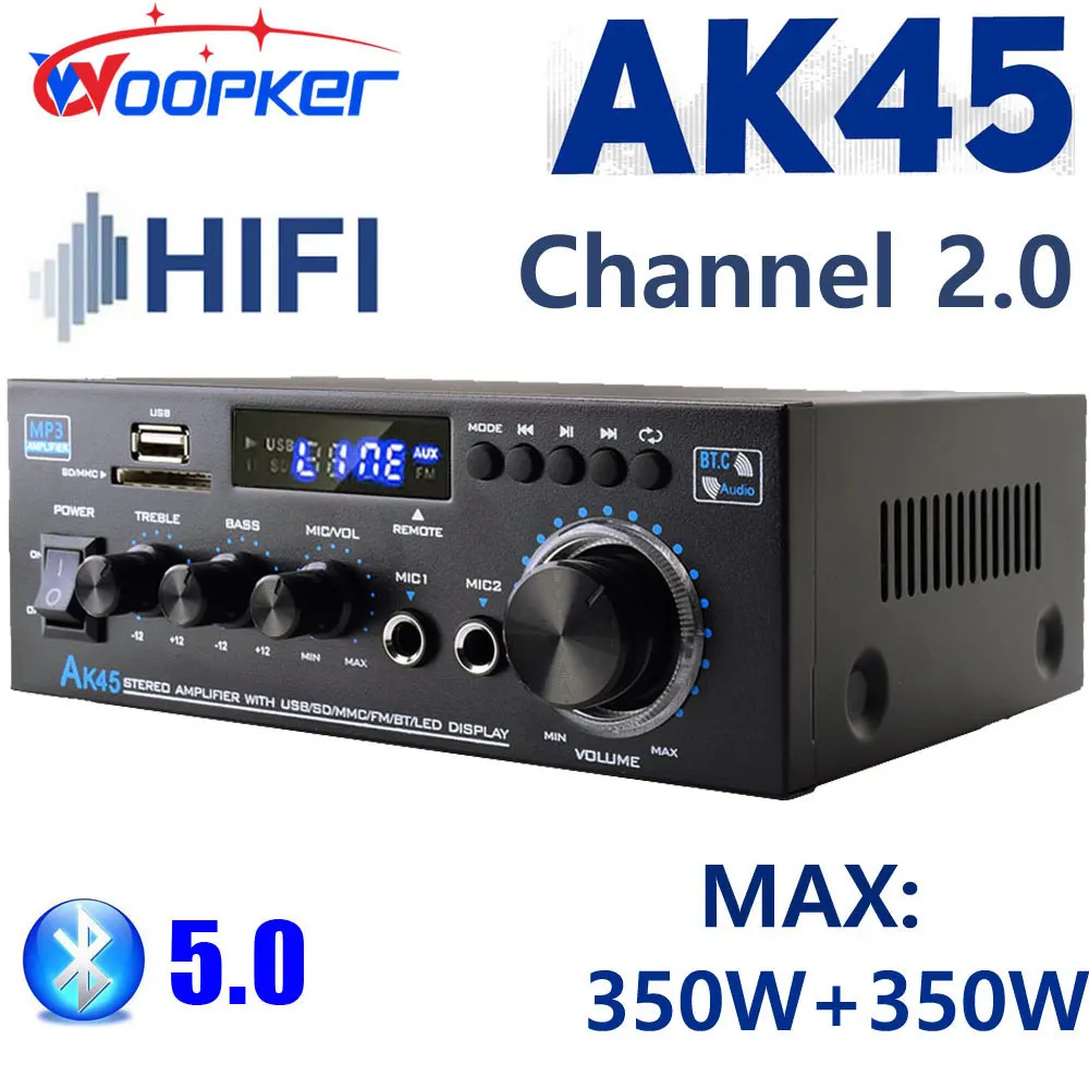 Цифровой Hi-Fi усилитель звука Woopker, канал 2,0, Bluetooth Amp AK45 для домашних динамиков, 350 Вт + 350 Вт, поддержка 90-240 В
