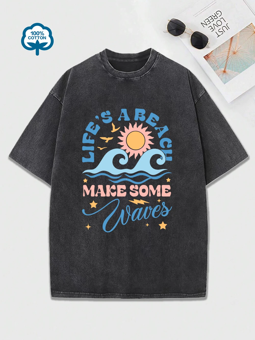 Life Is A Brees Make Some Waves с принтами, потертая футболка, женские хлопковые топы большого размера, уличная футболка с круглым вырезом, летняя одежда