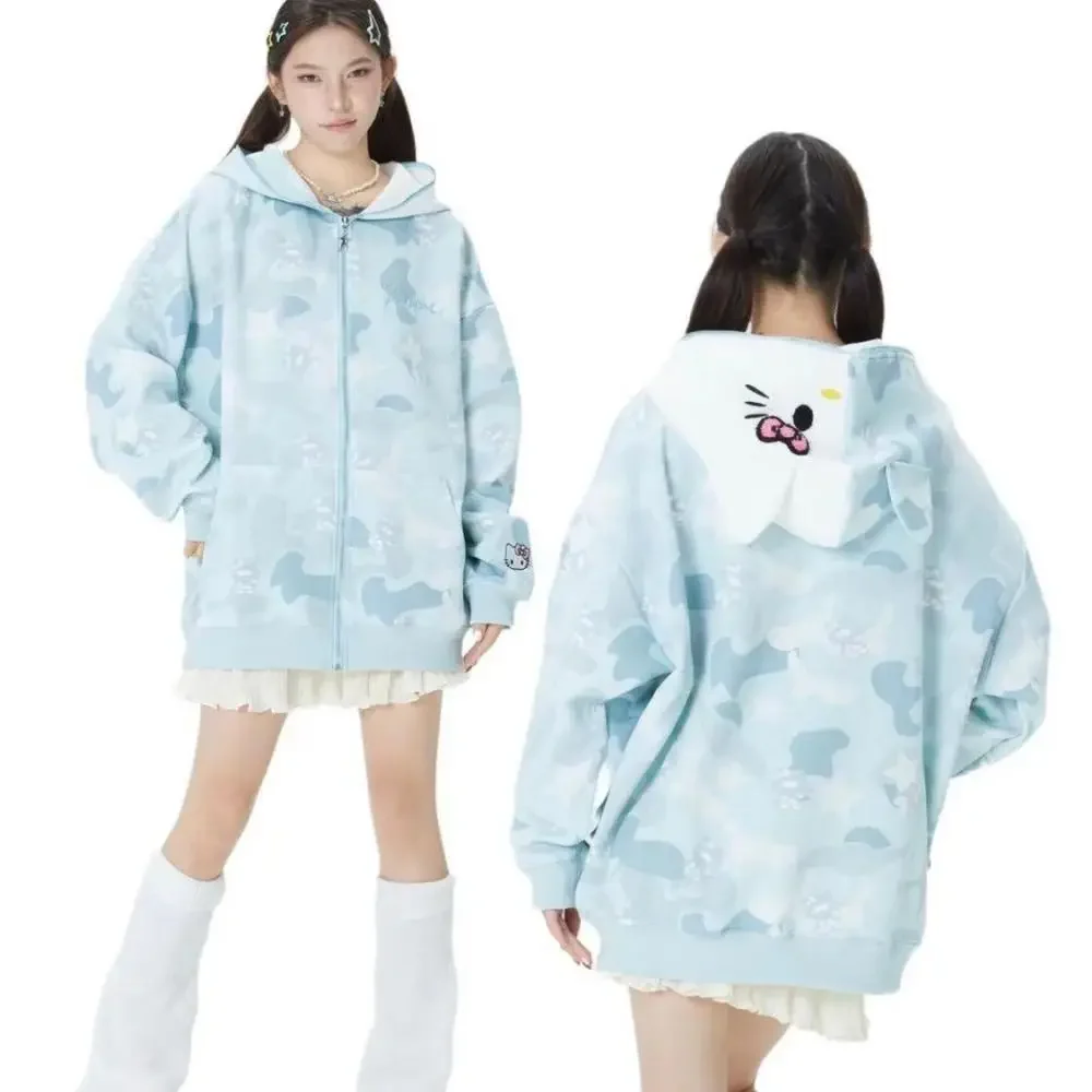 Аниме Y2K Hello Kitty Толстовка с капюшоном Пальто Sanrioed Пара Наряд Осенний Хлопок Милый Кардиган Куртка Камуфляж Мужчины Женщины Студент