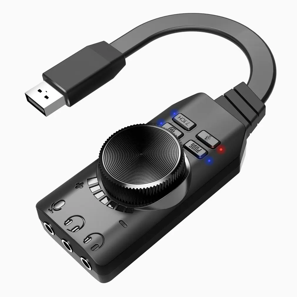 Фото Внешняя звуковая карта USB, стерео микрофон, динамик, гарнитура, аудиоразъем, кабель 3,5 мм, адаптер, переключатель звука, регулировка громкости, свободный привод №4