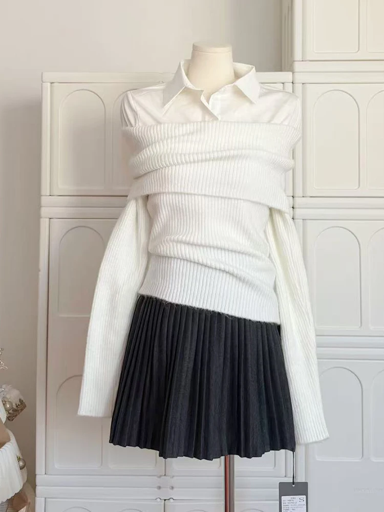 Женская корейская рубашка Old Money Preppy 2000-х годов Shoujo Girl Outfits, комплект из 2 предметов, рубашка из двух предметов с длинными рукавами + мини-плиссированные юбки Tide