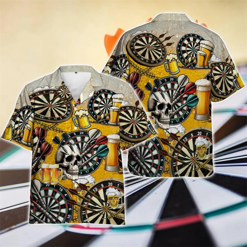 Фото Beer Darts Graphic Short Sleeve Shirts For Men Clothes Casual Bar Party Lapel Blouse Dart Club Button Shirt Sport Team Male Tops №3