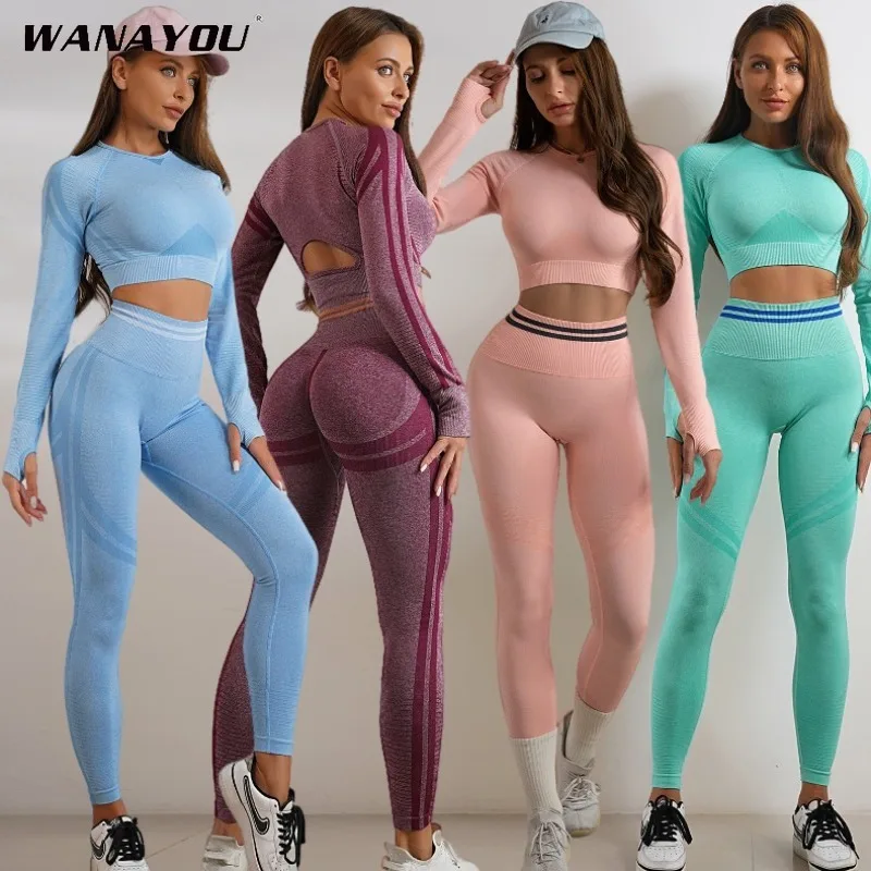 WANAYOU, 2 шт., бесшовный спортивный костюм, комплект для йоги, сексуальный укороченный топ с длинными рукавами, леггинсы с высокой талией, одежда для тренировок в тренажерном зале, спортивная одежда, женский комплект