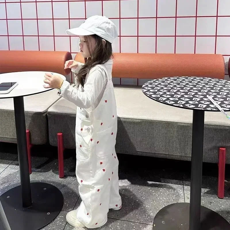 Kawaii брюки на подтяжках для девочек, брюки 80-130 см, корейский детский комбинезон для девочек, милый комбинезон с красным сердечком для малышей