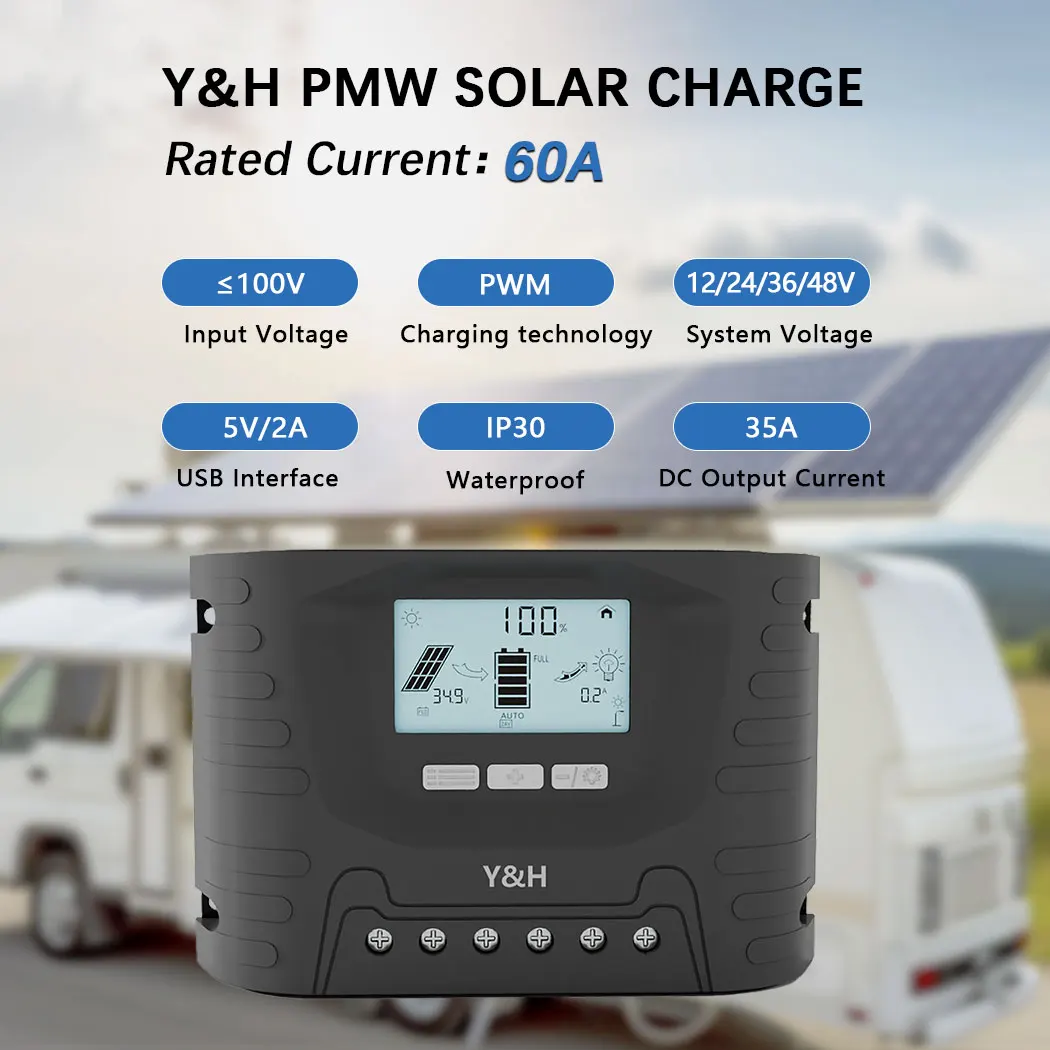 Фото Y&H PWM 60A Контроллер заряда солнечной батареи 48 В 36 В 24 В 12 В Контроллер солнечной панели Регулятор батареи для освещения и системы автофургона №4