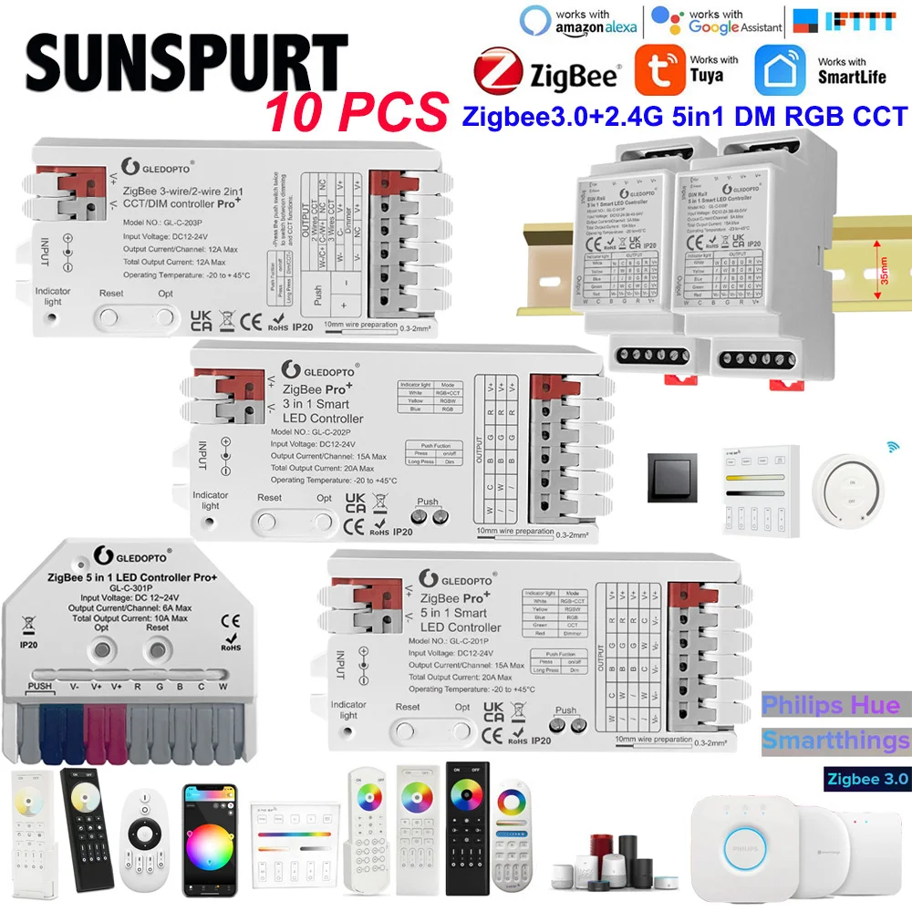 10 шт. DC12-54V Gledopto Zigbee 3,0 Din-рейка 5в1 RGBCCT/RGBW/RGB 2,4G PUSH светодиодный контроллер CCT Alexa Tuya Conbee приложение голосовое управление