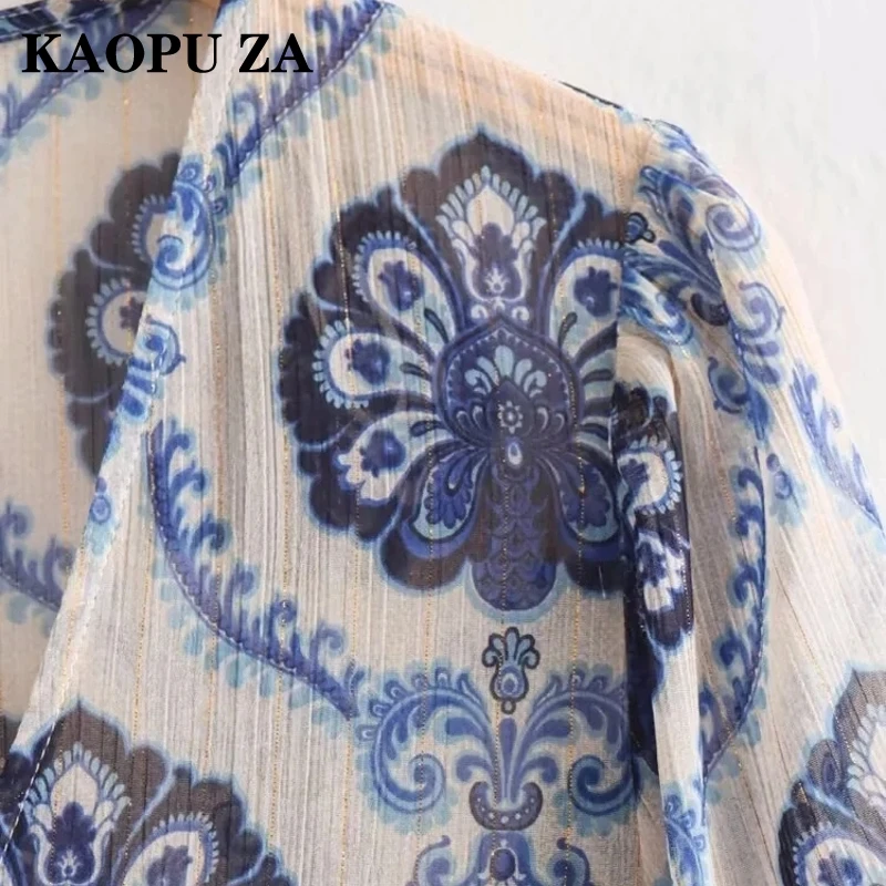 Фото KAOPU ZA 2024, новое осеннее женское повседневное платье с v-образным вырезом и длинными рукавами, топ, женские винтажные платья с оборками, свободный крой, платья на пуговицах с принтом №5