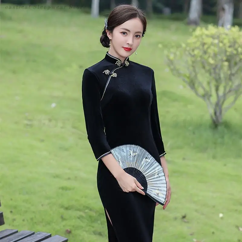 Фото ПЛЮС РАЗМЕР 5XL Китайское Cheongsam Осень Зима Бархатное Традиционное Новинка Ципао Винтажное Платье на Пуговицах Элегантное Вечернее Платье №5