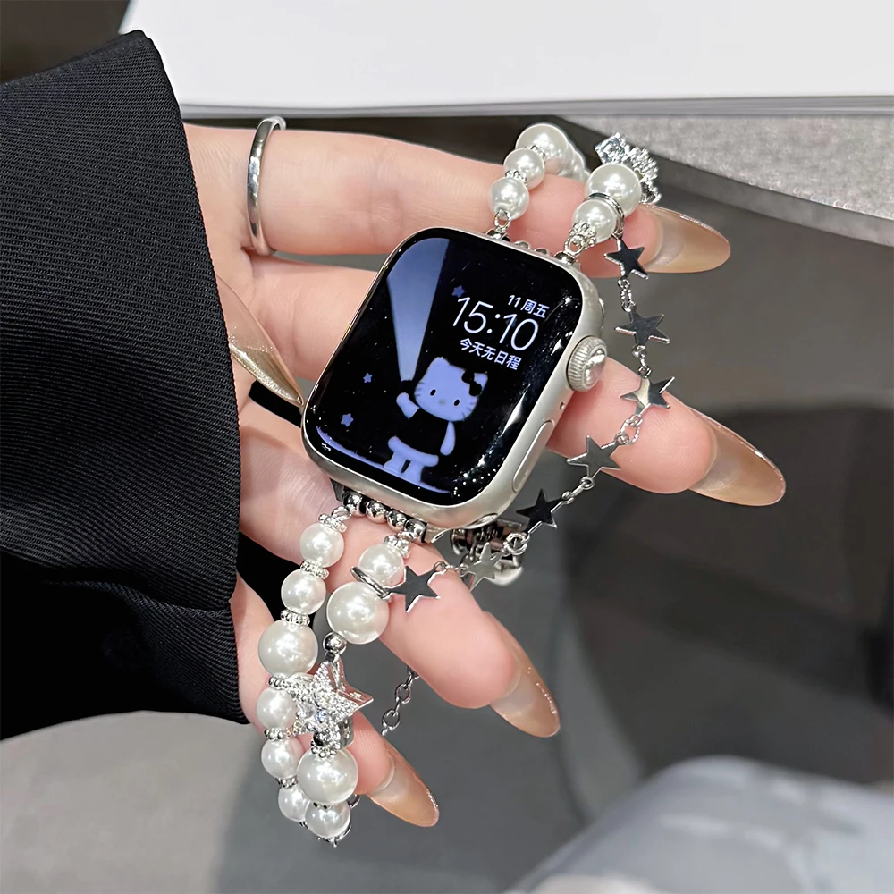 Ремешок-цепочка в форме звезды для Apple Watch 10 42 мм 46 мм Ultra 2 49 мм 9 7 8 45 мм 41 мм Жемчужный браслет для Iwatch 6 5 SE 4 44 мм 40 мм 38