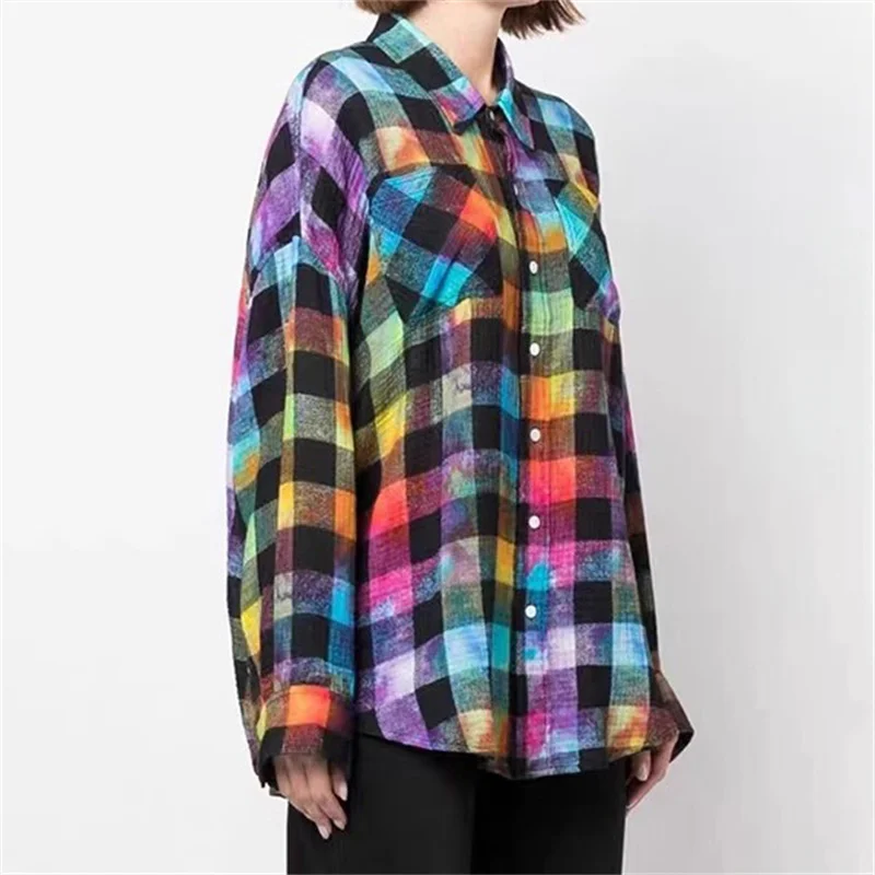 Женская рубашка New Retro Tie Dye с лацканами и длинными рукавами, топ на лето 2021, 100% хлопок, клетчатая женская блузка y2k, топ женский, тонкое пальто